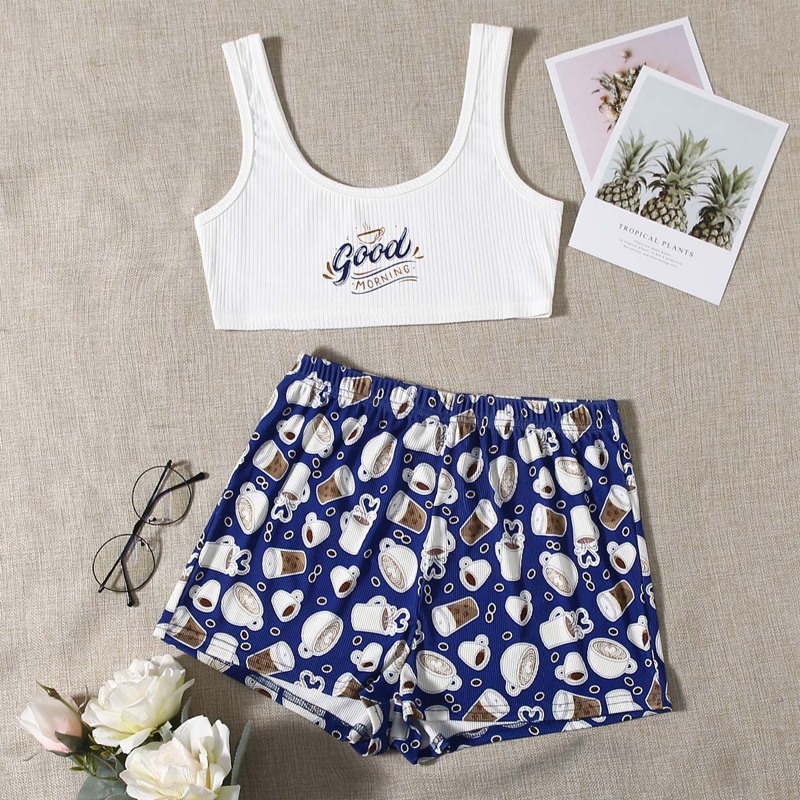 

Glass And Slogan Graphic Tank Pajama Set, Blue and white