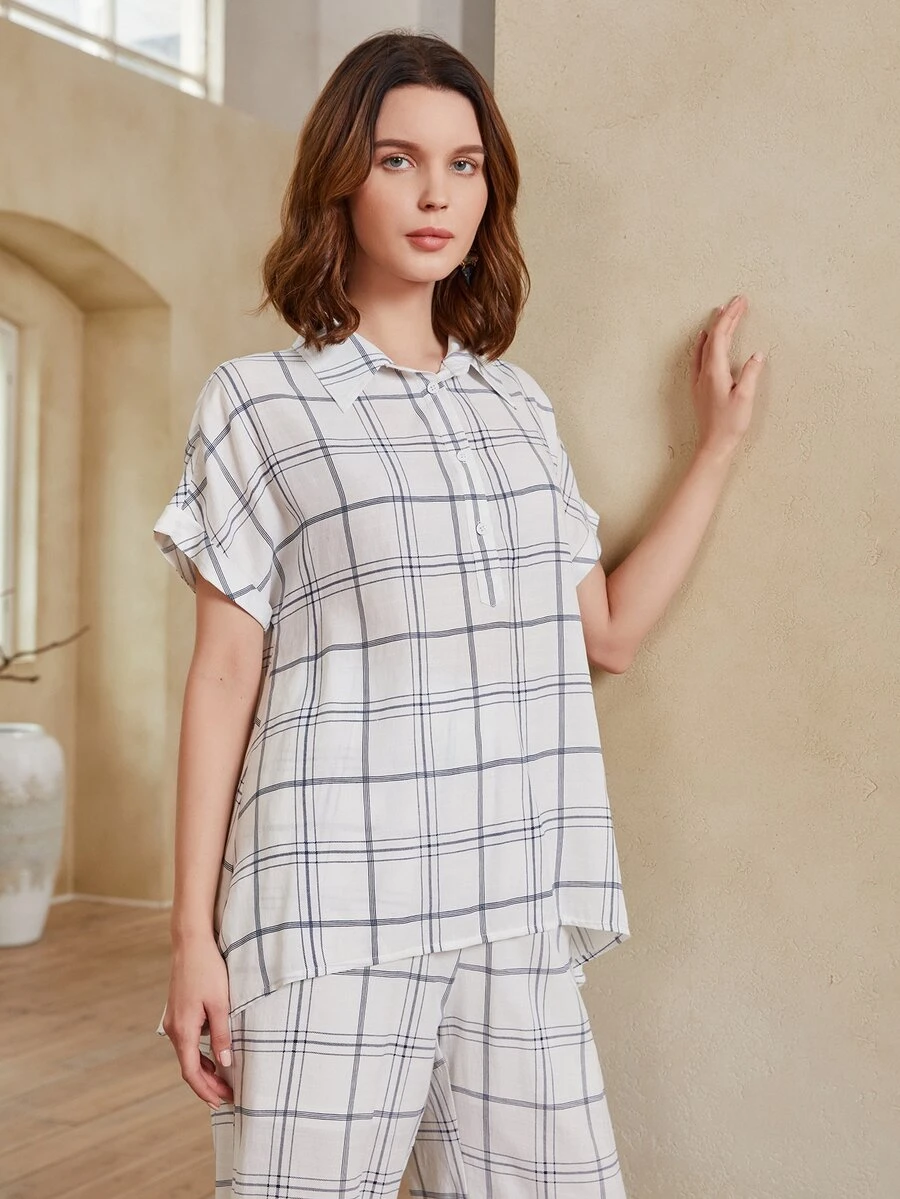 SHEIN Rolled Cuff Plaid Button Half Placket Top - White - View 1