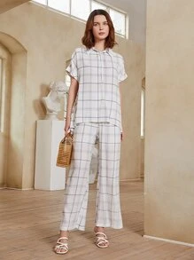 SHEIN Rolled Cuff Plaid Button Half Placket Top - White - View 3