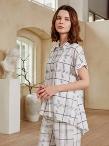 SHEIN Rolled Cuff Plaid Button Half Placket Top - White - View 4