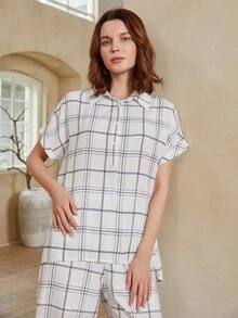 SHEIN Rolled Cuff Plaid Button Half Placket Top - White - View 5