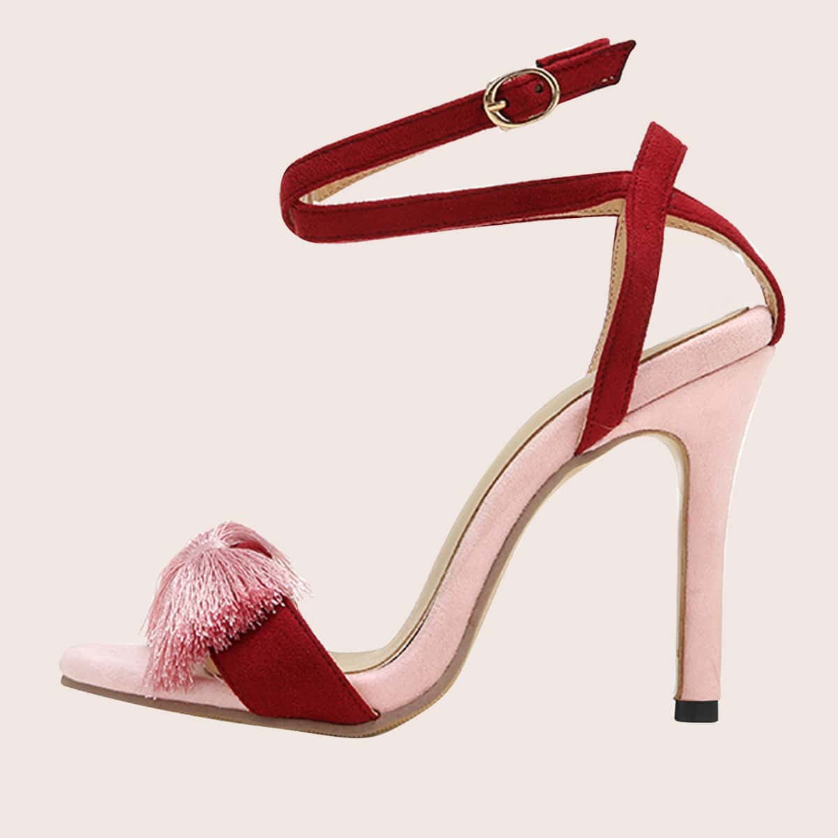 

Tassel Decor Stiletto Heeled Ankle Strap Sandals, Red