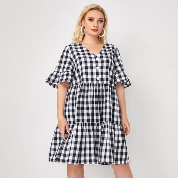 

Plus Button Front Ruffle Cuff Buffalo Plaid Smock Dress, Black and white