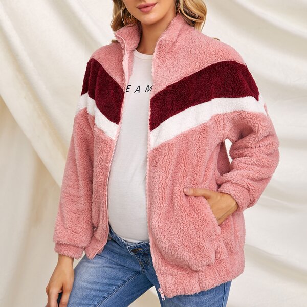 

Maternity Zip Up Chevron Teddy Jacket, Dusty pink