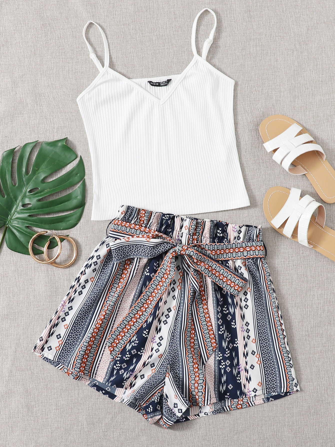 V-neck Cami Top and Paperbag Waist Shorts Set thumbnail