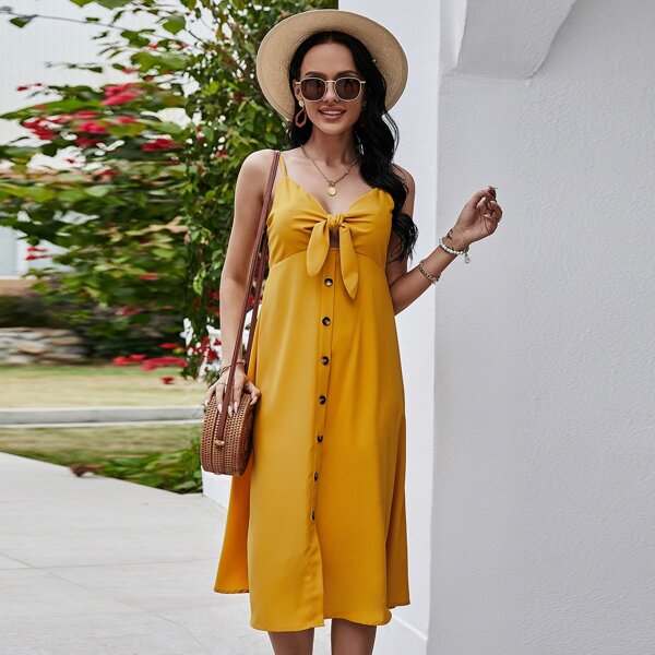 

Knot Bust Button Front Cami Dress, Yellow