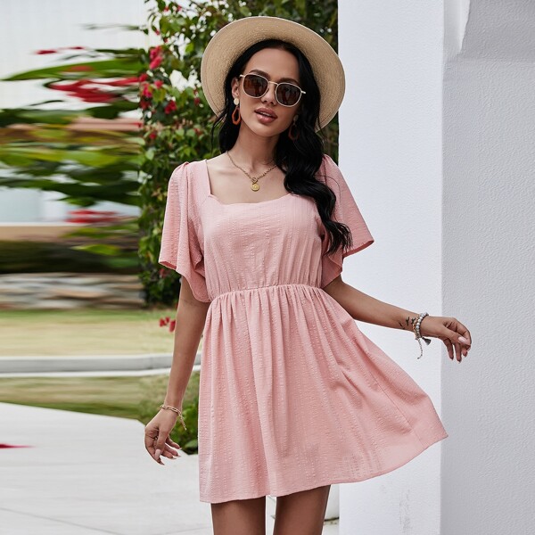 

Tie Back Butterfly Sleeve Solid Dress, Baby pink