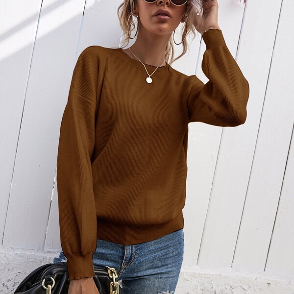 

Drop Shoulder Solid Sweater, Brown