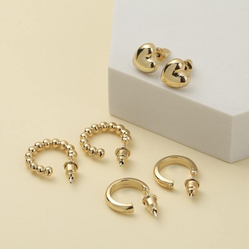 

3pairs Heart Earrings Set, Gold