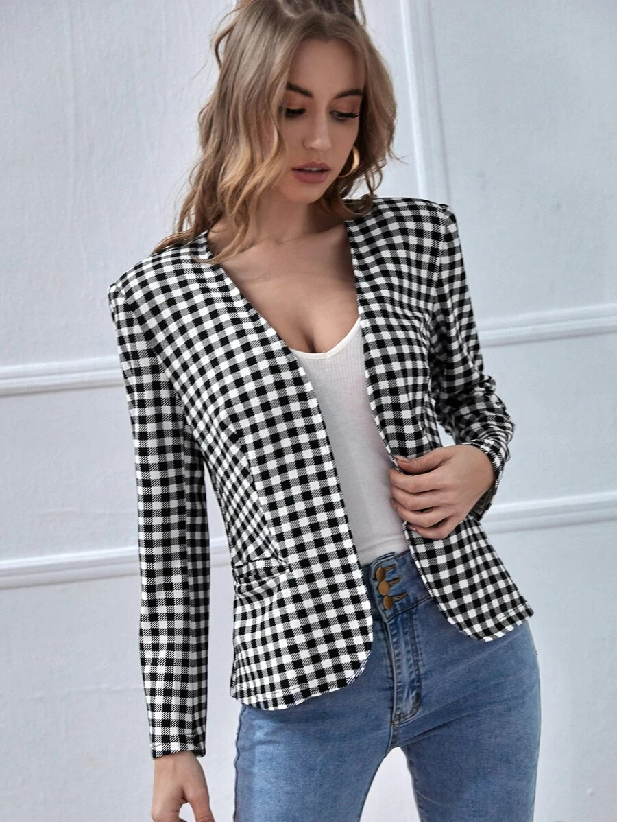 SHEIN Open Front Gingham Blazer - Black and White - View 1
