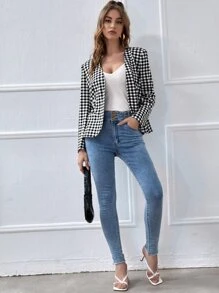 SHEIN Open Front Gingham Blazer - Black and White - View 3