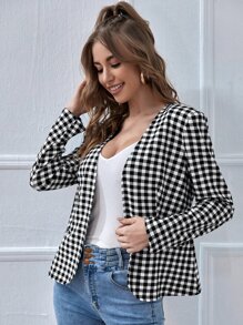 SHEIN Open Front Gingham Blazer - Black and White - View 4