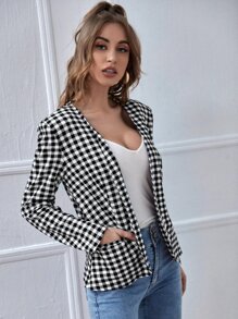 SHEIN Open Front Gingham Blazer - Black and White - View 5