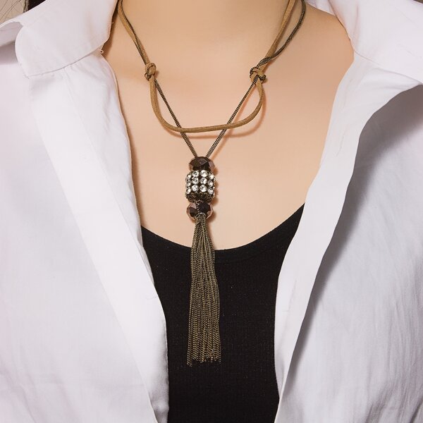 

Metal Tassel Charm Necklace, Brown