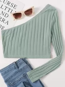 SHEIN EZwear 單肩羅紋針織短版上衣 - 薄荷綠 - 查看 1