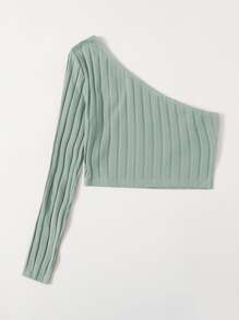 SHEIN EZwear 單肩羅紋針織短版上衣 - 薄荷綠 - 查看 2