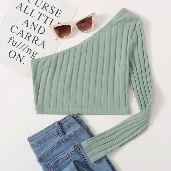 

One Shoulder Rib-knit Crop Top, Pastel mint green