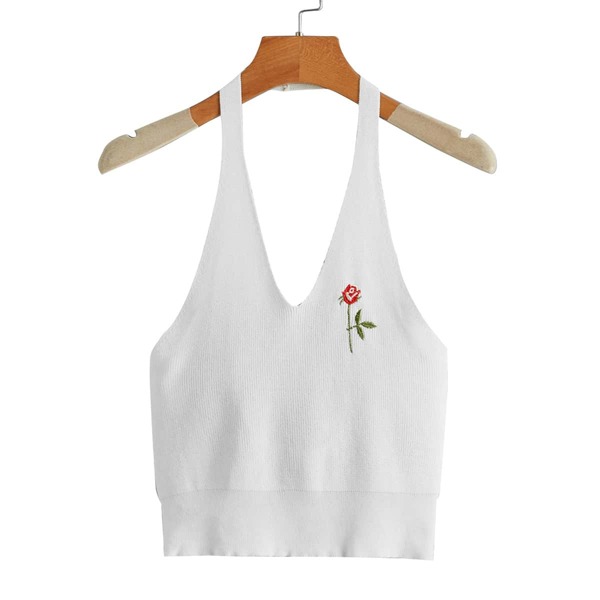 

Embroidered Flower Knit Top, White