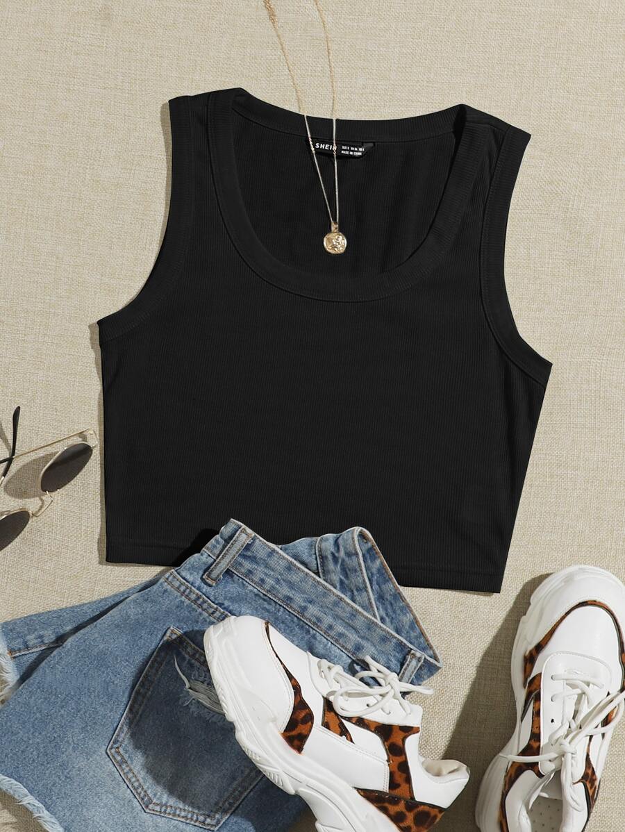 Muchica Top sin mangas liso con cuello redondo grande - Negro - Ver 1