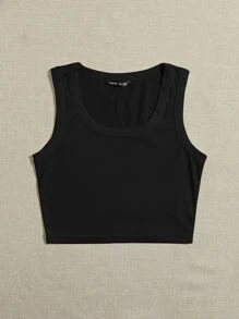 Muchica Top sin mangas liso con cuello redondo grande - Negro - Ver 5