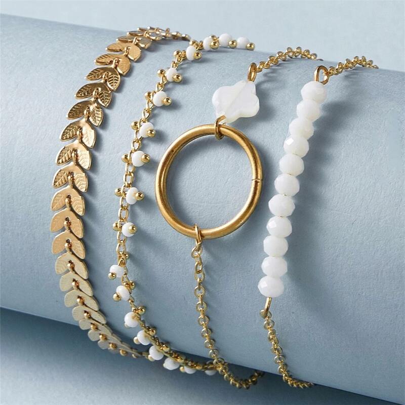 

4pcs Ring & Leaf Chain Bracelet, Gold