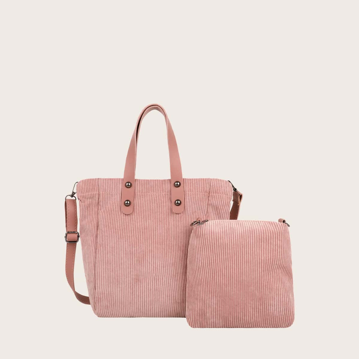 

2pcs Solid Corduroy Tote Bag Set, Baby pink