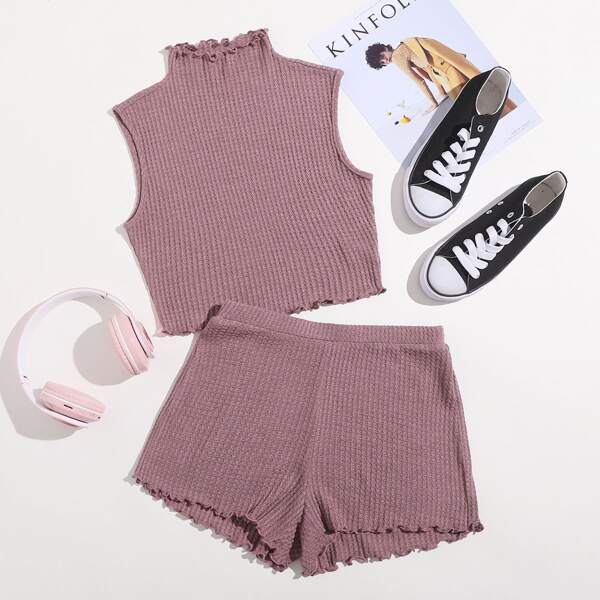 

Lettuce Edge Waffle Knit Tank Top and Shorts Set, Mauve purple