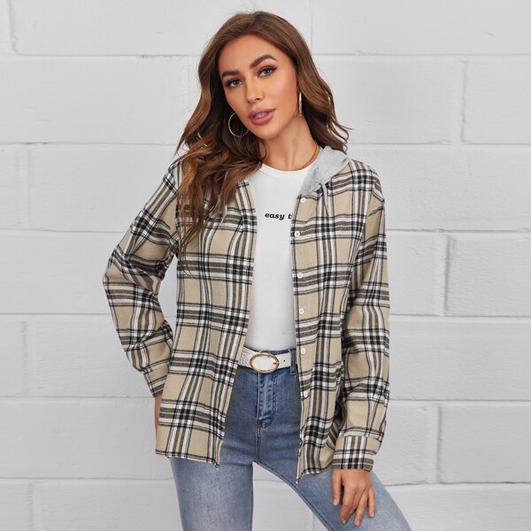 

Contrast Hooded Drop Shoulder Tartan Coat, Multicolor