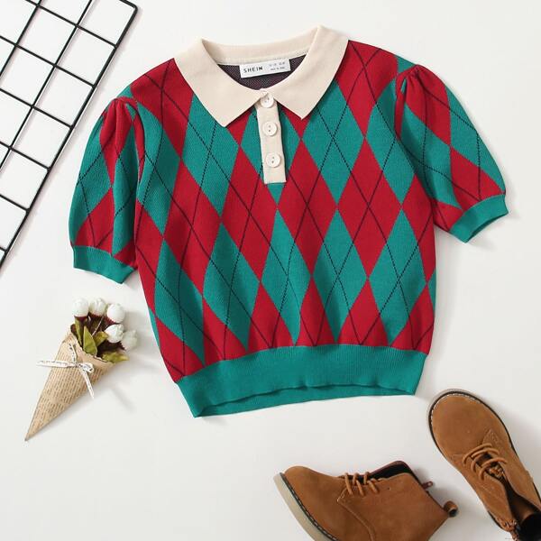 

Girls Argyle Polo Sweater, Multicolor