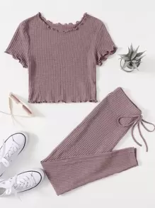 SHEIN EZwear 生菜邊華夫格針織T恤和緊身褲套裝 - 淡紫色 - 查看 1