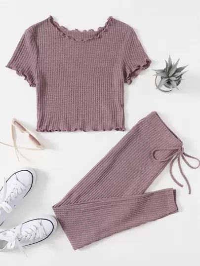 SHEIN EZwear 生菜邊華夫格針織T恤和緊身褲套裝