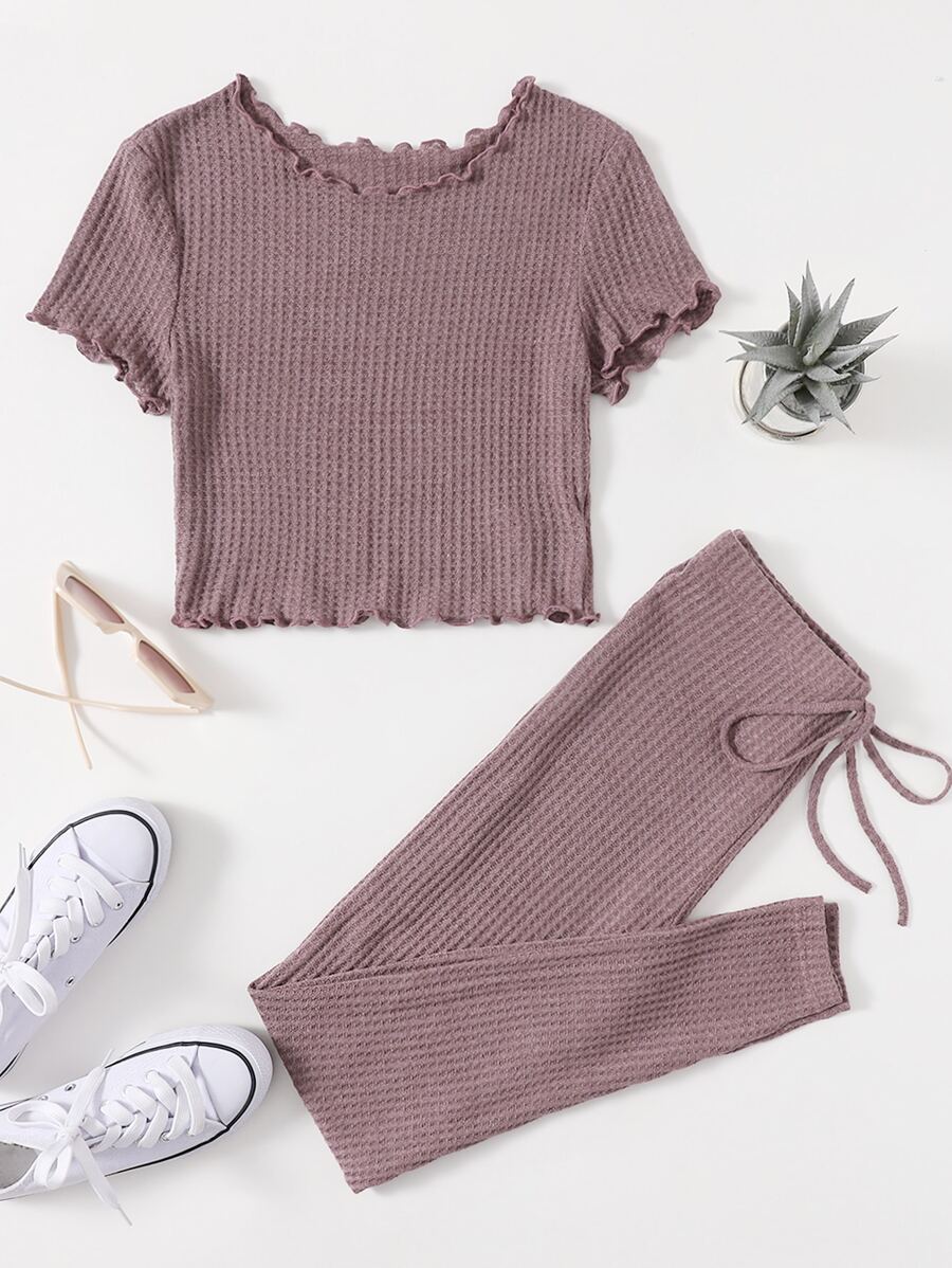 SHEIN EZwear 生菜邊華夫格針織T恤和緊身褲套裝 - 淡紫色 - 查看 1