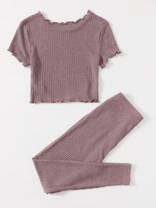 SHEIN EZwear 生菜邊華夫格針織T恤和緊身褲套裝 - 淡紫色 - 查看 2