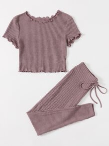 SHEIN EZwear 生菜邊華夫格針織T恤和緊身褲套裝 - 淡紫色 - 查看 3