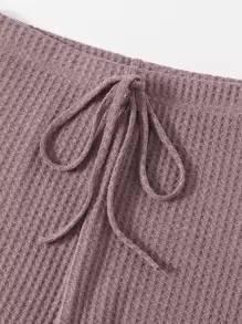 SHEIN EZwear 生菜邊華夫格針織T恤和緊身褲套裝 - 淡紫色 - 查看 5