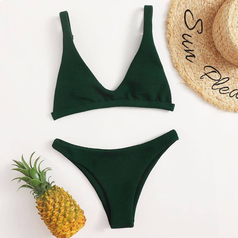 

Solid Triangle Bikini Swimsuit, Dark green