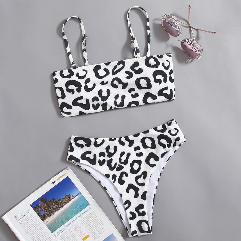 

Allover Print High Waist Bikini Swimsuit, Black and white
