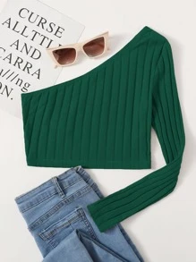 SHEIN EZwear One Shoulder Rib-knit Crop Top - Dark Green - View 1