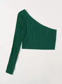 SHEIN EZwear One Shoulder Rib-knit Crop Top - Dark Green - View 2