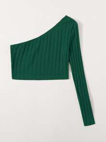 SHEIN EZwear One Shoulder Rib-knit Crop Top - Dark Green - View 3