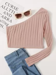 SHEIN EZwear One Shoulder Rib-knit Crop Top - Baby Pink - View 1