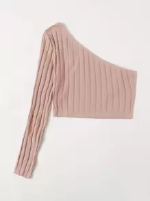 SHEIN EZwear One Shoulder Rib-knit Crop Top - Baby Pink - View 2