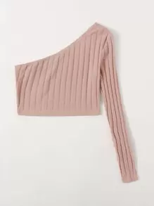 SHEIN EZwear One Shoulder Rib-knit Crop Top - Baby Pink - View 3