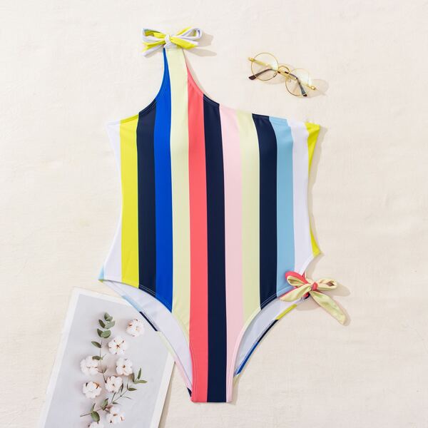 

Striped One Shoulder One Piece Swimsuit, Multicolor
