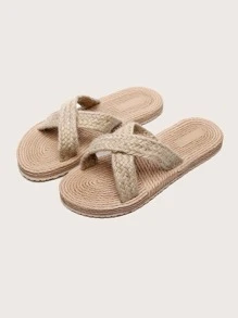 Straw Cross Strap Slides - Khaki - View 2