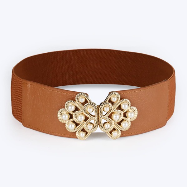 

Faux Pearl Decor Corset Belt, Camel