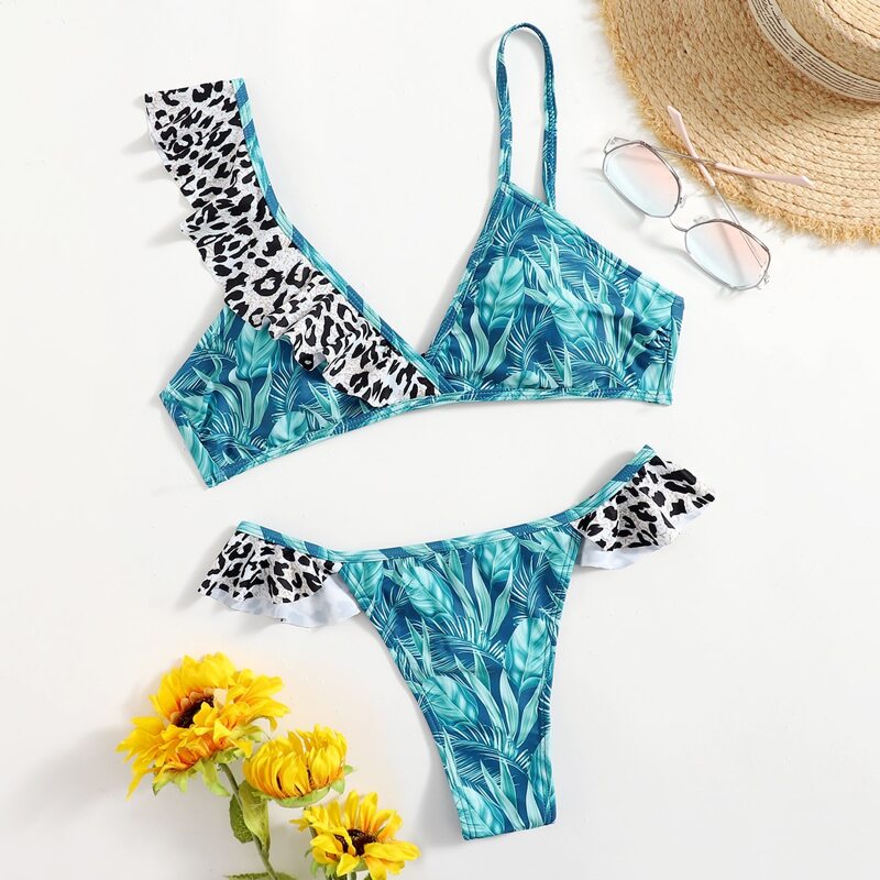 

Leaf Print Leopard Ruffle Bikini Swimsuit, Multicolor