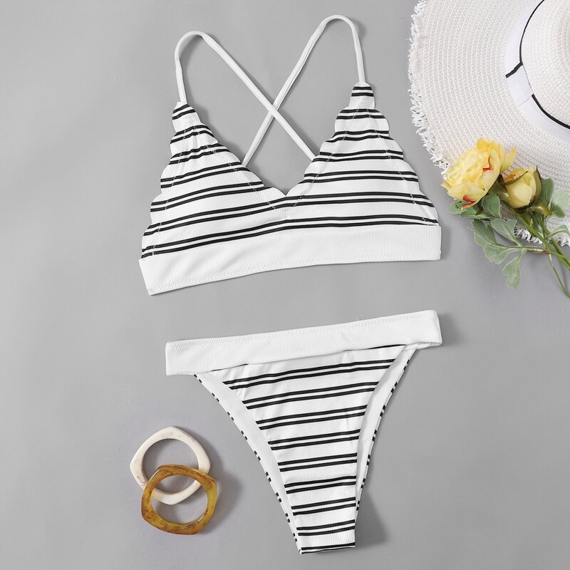 

Striped Scallop Trim Triangle Bikini Swimsuit, Black and white