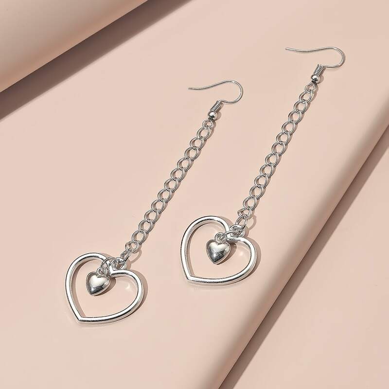 

Chain Linked Heart Drop Earrings, Silver