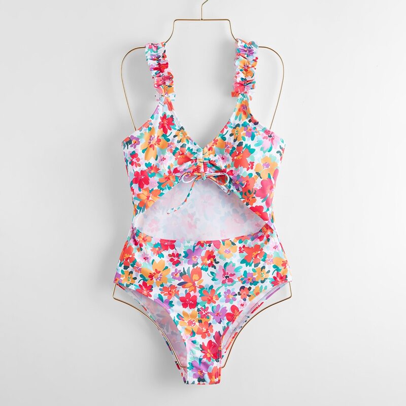 

Floral Drawstring Cut-out One Piece Swimsuit, Multicolor